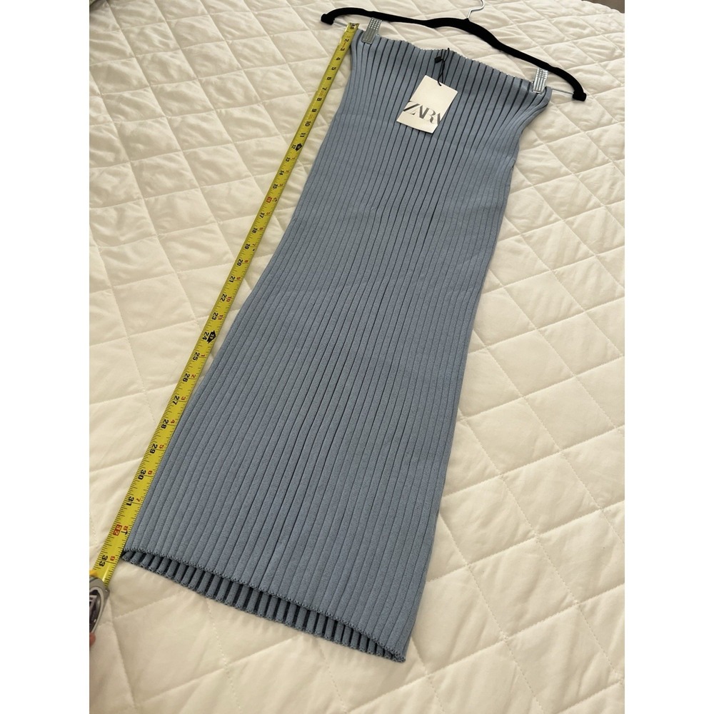 ZARA Ribbed Knit Tube Midi Dress Blue Strapless Bodycon Minimalist Fitted Chic S - Picture 6 of 8
